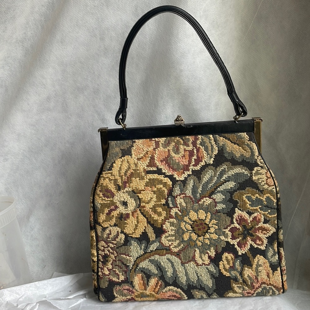 Vintage Tapestry Bag Frame Purse L&M Bags by Edwards Medium Size Floral 1950s